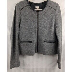 J. Crew Grey Wool Blazer Collarless Faux Leather Trim Size XL